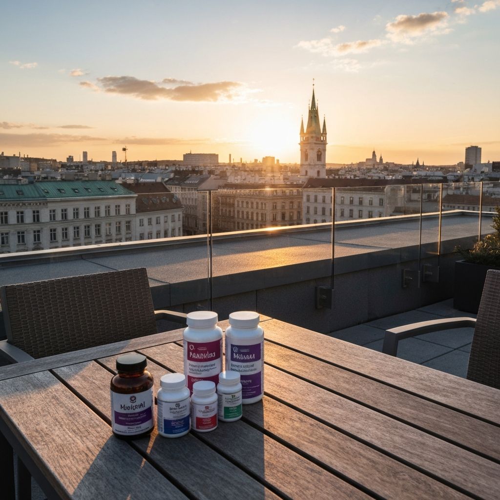 Wien-Dachterrasse mit Nahrungsergänzungsmitteln und Stadtpanorama bei Sonnenuntergang