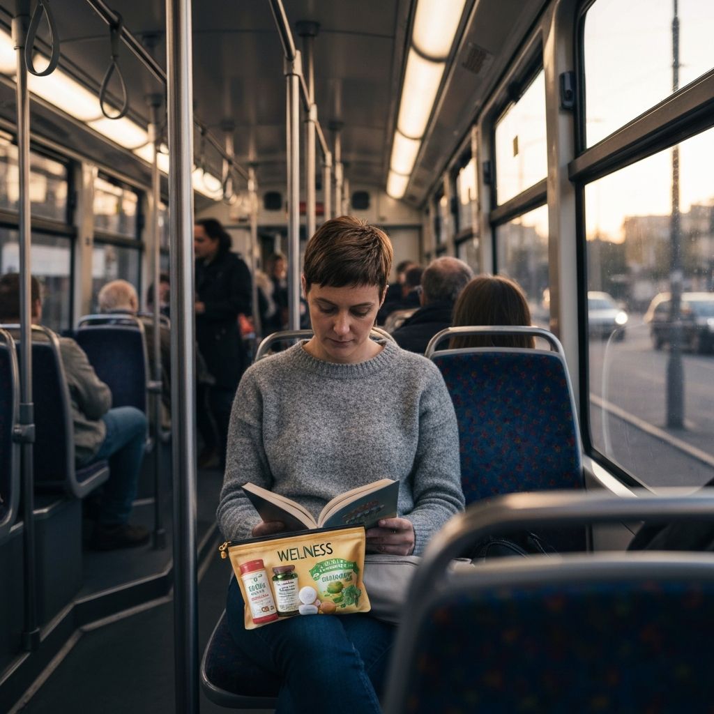 Wien Straßenbahn mit Passagier und Wellness-Tasche mit Nahrungsergänzungsmitteln